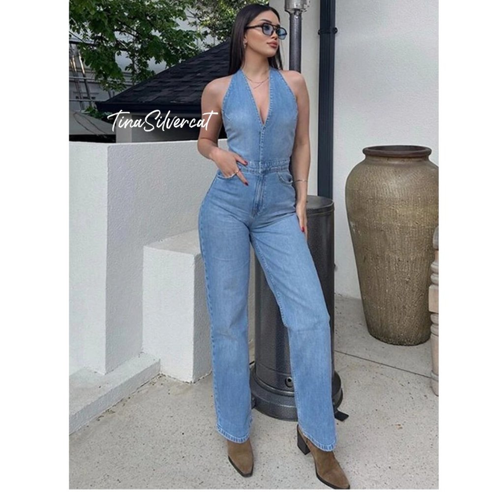 Zara Denim Halter Neck Jumpsuit NWT